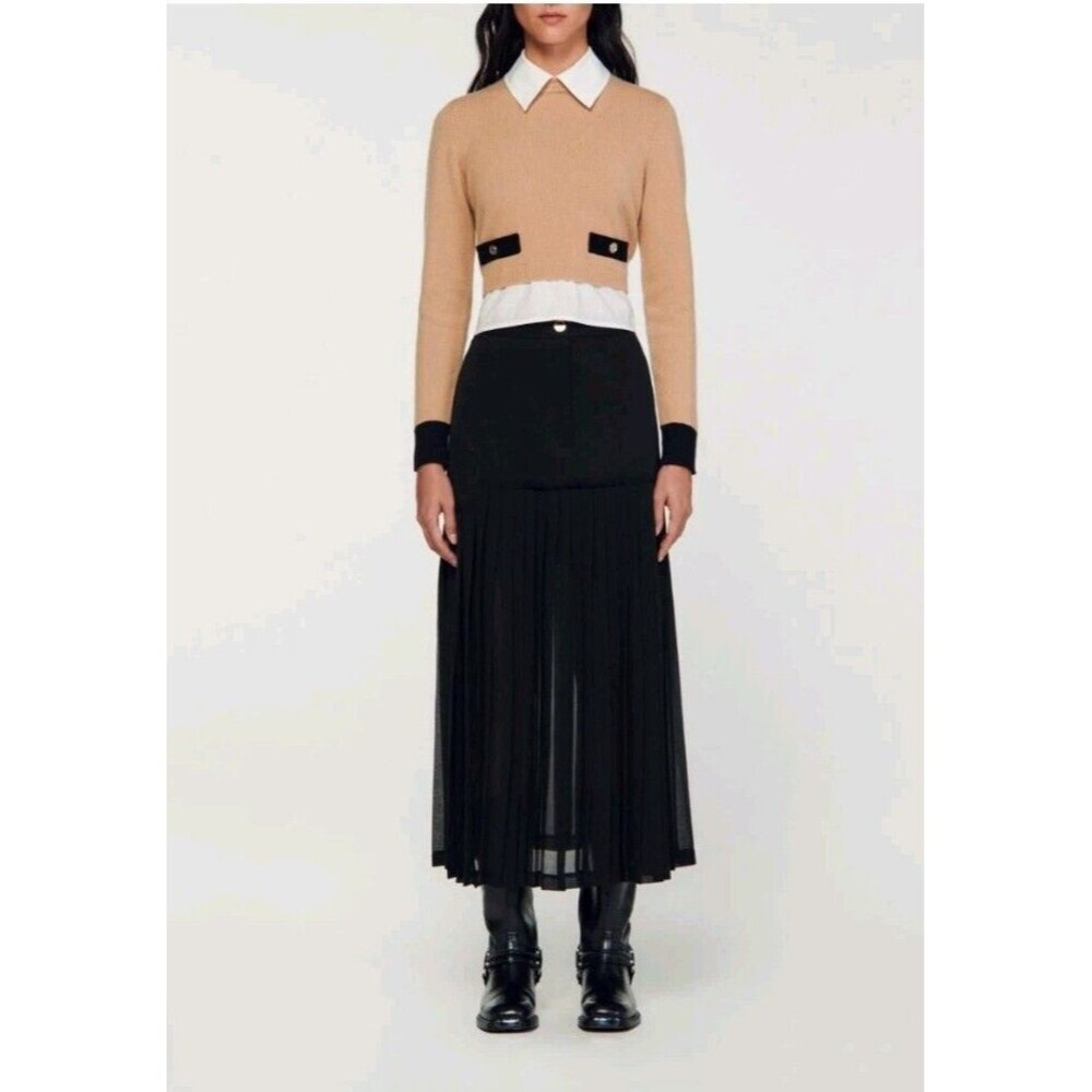Sandro Pleated Long Midi Skirt Womens 40 US 8 Black A Line Paris Chic Sheer - Picture 12 of 12